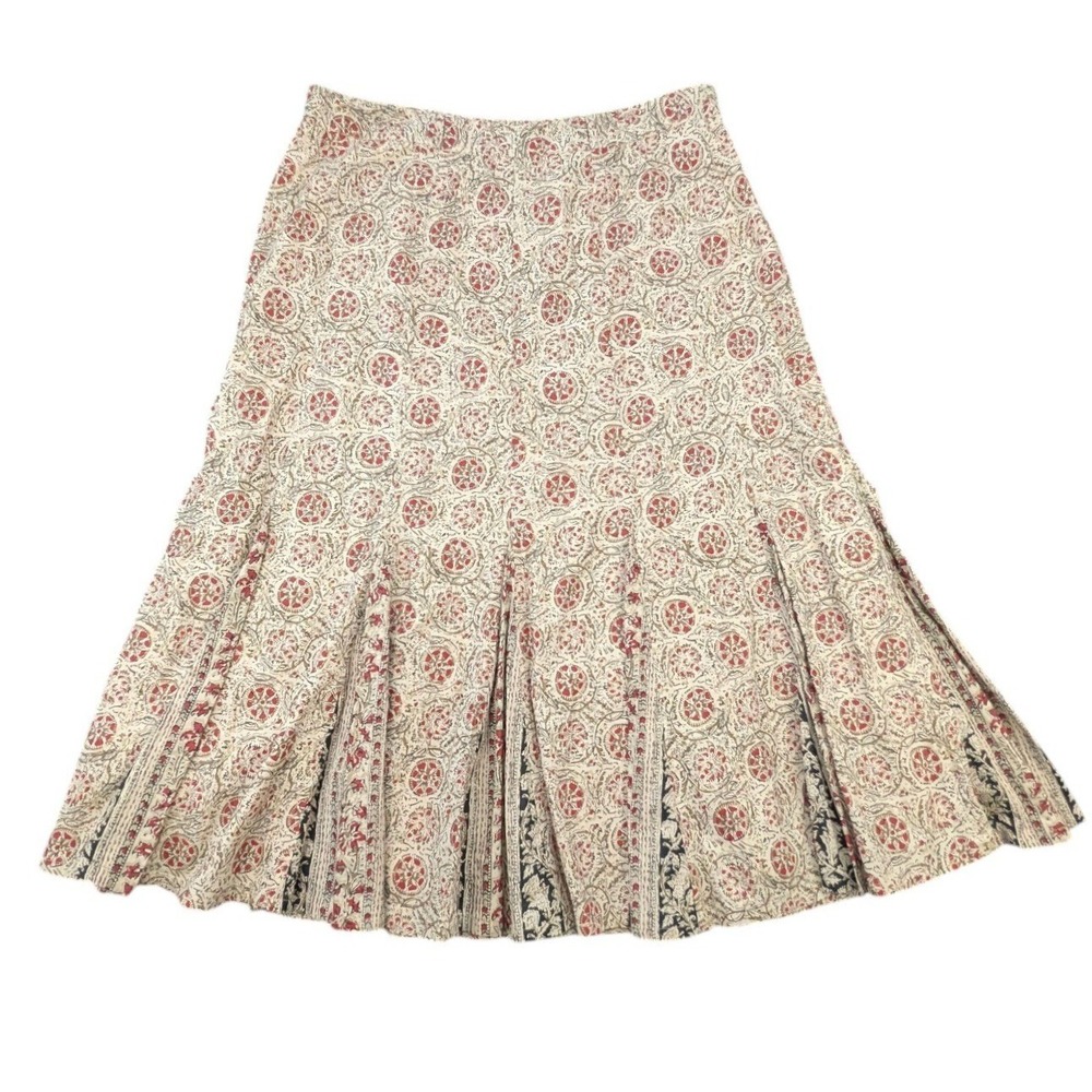 Charter Club Woman Skirt 14W Tan Red Cotton Block Print Pleated Midi Boho Lined